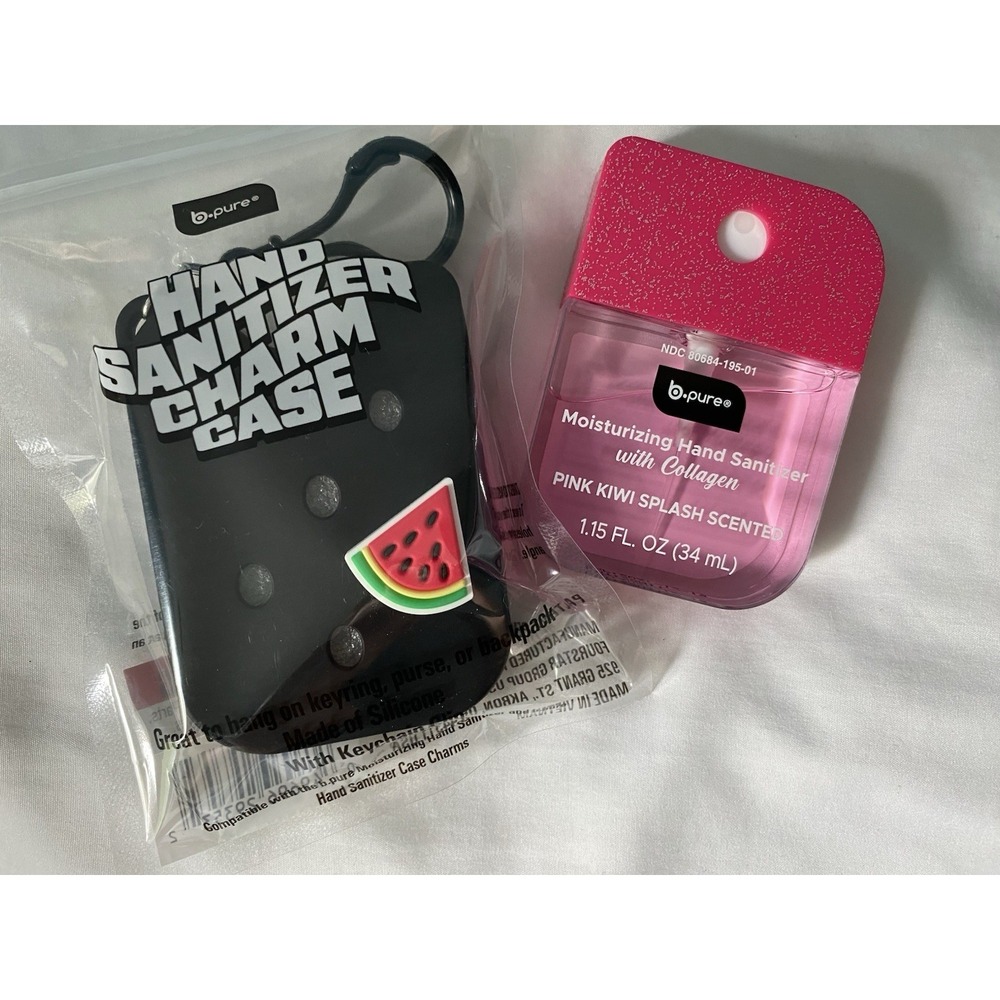 b.pure Pink Kiwi Splash Glitter Sanitizer & Black Charm Case & Watermelon 🍉